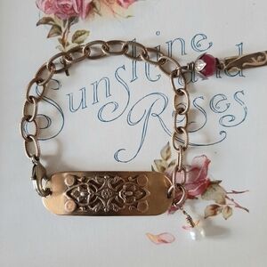 Handmade Brass Floral Etched Chain Charm Bracelet